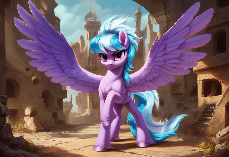 Size: 1216x832 | Tagged: safe, ai content, machine learning generated, ponerpics import, ponybooru import, cloudchaser, pegasus, pony, angry, female, generator:pony diffusion v6 xl, image, jpeg, looking at you, mare, ruins, solo, spread wings, unshorn fetlocks, wings