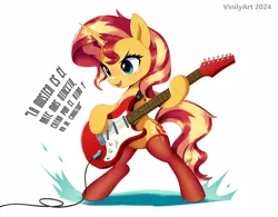 Size: 2340x1823 | Tagged: safe, alternate version, artist:vinilyart, derpibooru import, sunset shimmer, pony, unicorn, bipedal, clothes, electric guitar, female, g4, guitar, high res, horn, image, mare, musical instrument, open mouth, open smile, png, signature, simple background, smiling, socks, solo, spanish, stockings, sunset shredder, text, thigh highs, translated in the description, white background