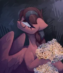 Size: 3000x3500 | Tagged: safe, artist:anastas, derpibooru import, oc, oc:july red pencil, unofficial characters only, pegasus, pony, abstract background, bouquet, bouquet of flowers, bust, eyelashes, female, floppy ears, flower, gift art, glasses, image, looking up, mare, pegasus oc, pigtails, png, portrait, sitting, smiling, solo, solo female, spread wings, sternocleidomastoid, tail, two toned mane, two toned tail, wings