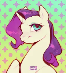 Size: 1799x2000 | Tagged: safe, alternate version, artist:kuroikamome, derpibooru import, rarity, pony, unicorn, blue eyes, bust, eyelashes, eyeshadow, female, g4, gradient background, horn, image, jpeg, looking back, makeup, mare, patterned background, portrait, profile, purple mane, raised hoof, redraw, shiny mane, signature, smiling, unicorn horn, wavy mane, white coat, wingding eyes