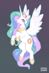 Size: 689x1033 | Tagged: safe, artist:kuroikamome, derpibooru import, princess celestia, pony, crown, ear fluff, eyeshadow, female, flying, g4, gradient background, hoof shoes, hooves in air, horn, image, jewelry, lidded eyes, long horn, looking back, makeup, mare, multicolored mane, multicolored tail, outline, peytral, pink eyes, png, princess shoes, profile, rainbow text, raised hoof, raised hooves, regalia, signature, smiling, solo, spread wings, tail, tiara, wavy mane, wavy tail, white coat, wing fluff, wingding eyes, wings