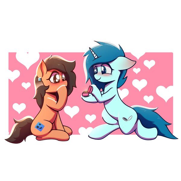 Size: 3484x3484 | Tagged: safe, artist:harukiicat, derpibooru import, oc, oc:robertapuddin, unofficial characters only, earth pony, pony, unicorn, blushing, cutie mark, duo, heart, horn, image, jpeg, marriage proposal, shy, simple background, sitting, surprised