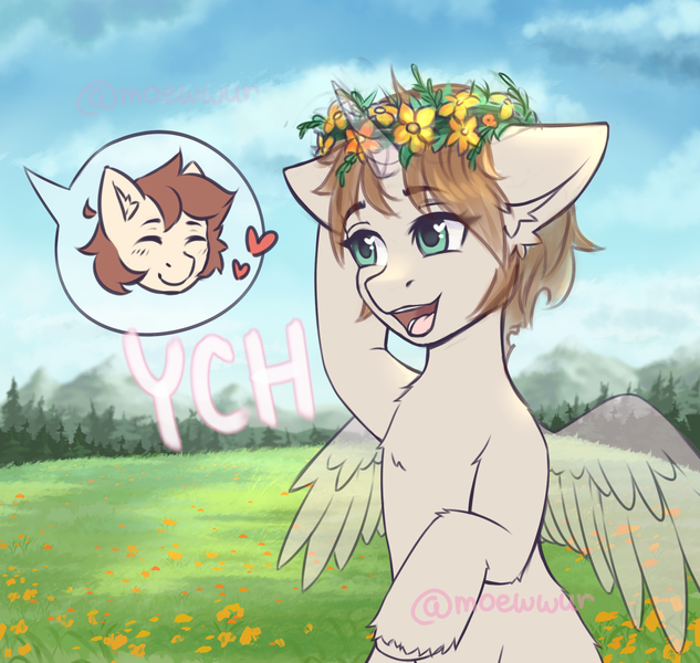 Size: 1900x1800 | Tagged: safe, artist:moewwur, artist:rin-mandarin, derpibooru import, oc, unofficial characters only, earth pony, pegasus, pony, unicorn, any race, background, cloud, commission, couple, field, floral head wreath, flower, forest, heart, horn, image, mountain, nature, png, simple background, solo, tree, wings, wreath, your character here