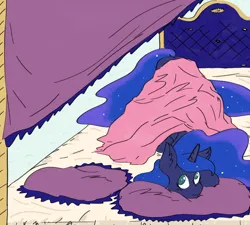 Size: 2560x2304 | Tagged: safe, artist:ponny, derpibooru import, princess luna, alicorn, pony, bed, blanket, colored, image, lying down, on bed, pillow, png, solo