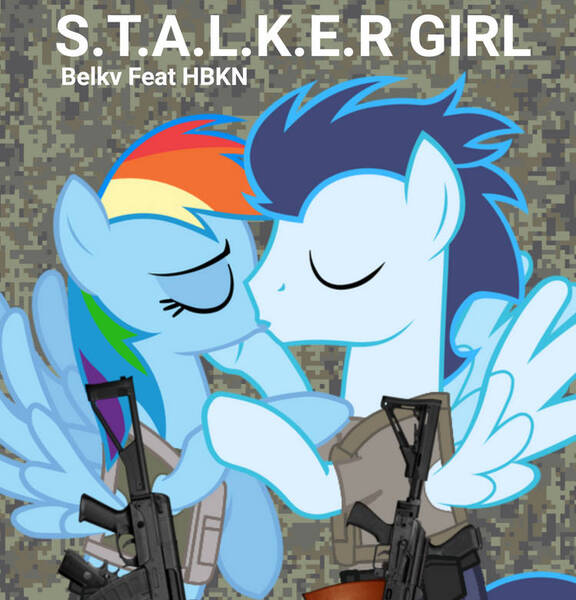 Size: 749x780 | Tagged: safe, artist:bobthelurker, artist:ponyparodycontent, derpibooru import, rainbow dash, soarin', pegasus, pony, female, image, jpeg, kiss on the lips, kissing, male, mare, military, shipping, soarindash, stallion, straight