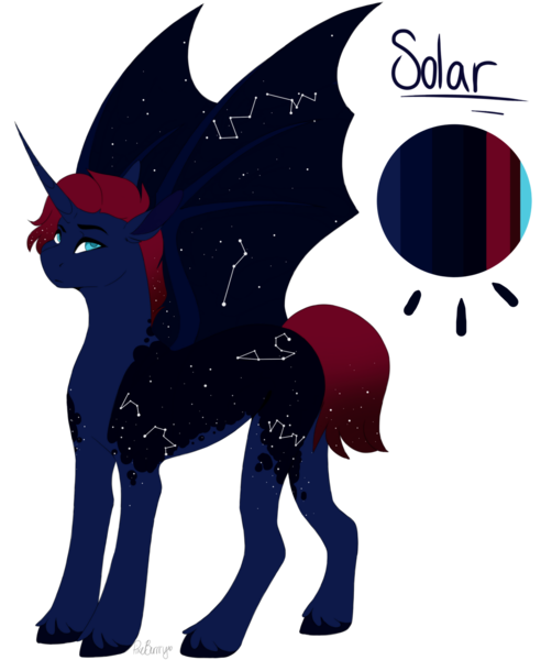 Size: 1280x1531 | Tagged: safe, artist:pixelberrry, derpibooru import, oc, oc:solar, unofficial characters only, alicorn, bat pony, bat pony alicorn, pony, bat wings, constellation, horn, image, male, png, simple background, solo, stallion, transparent background, wings