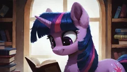 Size: 1920x1080 | Tagged: safe, ai content, derpibooru import, machine learning generated, prompter:truekry, stable diffusion, twilight sparkle, unicorn, book, bookshelf, generator:pony diffusion v6 xl, horn, image, png, reading, solo, wallpaper, window
