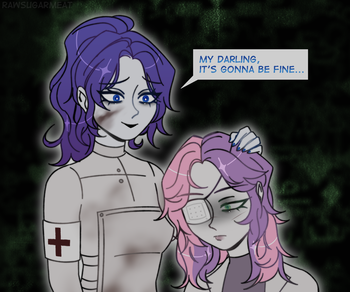 Size: 3000x2508 | Tagged: safe, artist:rawsugarmeat, derpibooru import, rarity, sweetie belle, human, alternate hairstyle, alternate universe, clothes, coat, crying, dirt, duo, duo female, eye scar, eyepatch, facial scar, female, humanized, image, lab coat, mlp infection, nail polish, older, older sweetie belle, png, red cross, sad, scar, siblings, sisters, sweater, virus