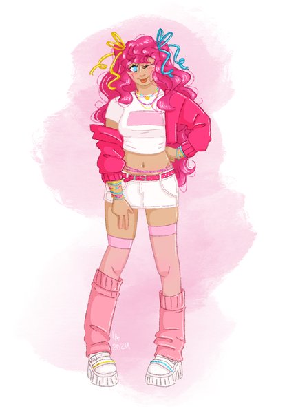 Size: 1640x2360 | Tagged: safe, artist:labrony12, derpibooru import, pinkie pie, human, :p, alternate hairstyle, belly button, belt, bracelet, clothes, female, hoodie, humanized, image, jewelry, leg warmers, midriff, one eye closed, png, shirt, shoes, shorts, sneakers, socks, solo, stockings, t-shirt, thigh highs, tongue out, wink