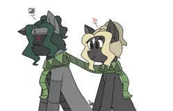 Size: 719x462 | Tagged: safe, artist:thomas.senko, derpibooru import, oc, oc:black betty, cyborg, cyclops, earth pony, pony, robot, robot pony, clothes, cute, dark skin, duo, duo male and female, female, female oc, gray, happy, image, male, mare, mare oc, png, red eyes, scarf, shared clothing, shared scarf, simple background, sitting, stallion, stallion oc, white background