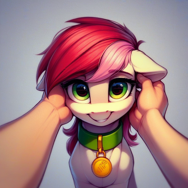 Size: 1024x1024 | Tagged: safe, ai content, derpibooru import, machine learning generated, prompter:doom9454, stable diffusion, roseluck, human, pony, behaving like a cat, collar, cute, generator:pony diffusion v6 xl, hand, image, offscreen character, offscreen human, pet tag, petting, png, pony pet, rosepet