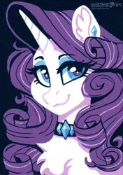 Size: 2936x4159 | Tagged: safe, artist:dandy, derpibooru import, rarity, pony, unicorn, acrylic painting, alternate hairstyle, bust, chest fluff, choker, ear fluff, ear piercing, eyeshadow, female, g4, high res, horn, image, limited palette, looking at you, makeup, mare, piercing, png, portrait, smiling, solo, traditional art