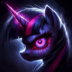 Size: 1024x1024 | Tagged: semi-grimdark, ai content, derpibooru import, machine learning generated, prompter:enterusxrname, twilight sparkle, pony, bust, edgy, evil, female, g4, generator:bing image creator, generator:dall-e 3, glow, glowing eyes, glowing horn, horn, image, jpeg, mare, simple background, solo, twilight snapple