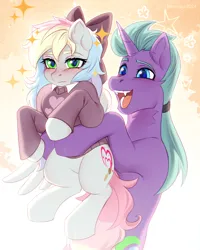 Size: 700x875 | Tagged: safe, artist:fenwaru, derpibooru import, oc, oc:blazey sketch, unofficial characters only, pegasus, unicorn, blushing, bow, clothes, duo, hair bow, horn, image, png, short, sweater