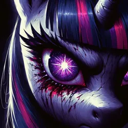 Size: 1024x1024 | Tagged: semi-grimdark, ai content, derpibooru import, machine learning generated, prompter:enterusxrname, twilight sparkle, pony, black background, close-up, edgy, female, g4, generator:bing image creator, generator:dall-e 3, image, jpeg, looking at you, mare, simple background, solo