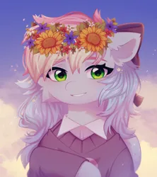 Size: 1920x2159 | Tagged: safe, artist:floweryoutoday, derpibooru import, oc, oc:blazey sketch, unofficial characters only, pegasus, bow, clothes, floral head wreath, flower, hair bow, image, multicolored hair, png, smiling, solo, sweater