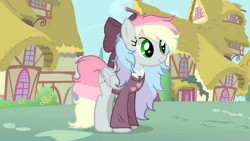 Size: 1280x720 | Tagged: safe, artist:rumadeshy, derpibooru import, oc, oc:blazey sketch, unofficial characters only, pegasus, animated, bow, clothes, dancing, gif, hair bow, image, ponyville, solo, sweater
