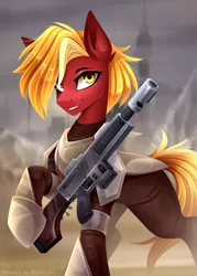 Size: 2829x3949 | Tagged: safe, artist:buvanybu, derpibooru import, oc, oc:buster wilds, unofficial characters only, earth pony, pony, armor, chaos star, commission, earth pony oc, gun, heterochromia, image, jpeg, laser gun, lasgun, solo, warhammer (game), warhammer 40k, weapon, ych result