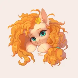 Size: 3500x3500 | Tagged: safe, artist:miurimau, derpibooru import, pear butter, earth pony, pony, beige background, bust, buttercup, cute, female, flower, flower in hair, g4, high res, image, looking at you, mare, pearabetes, png, simple background, smiling, smiling at you, solo
