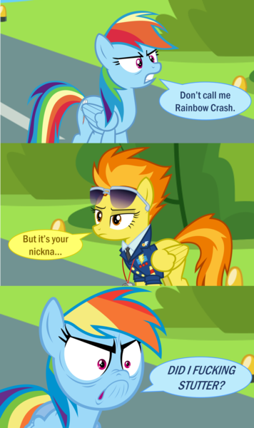 Size: 2008x3388 | Tagged: artist needed, safe, derpibooru import, rainbow dash, spitfire, pegasus, pony, newbie dash, absurd resolution, alternate ending, angry, bush, clothes, comic, do i look angry, female, g4, glare, how it should have ended, image, mare, necktie, png, ragebow dash, rainbow crash, runway, speech bubble, spitfire's tie, sunglasses, swearing, text, uniform, vector, vulgar, whistle, wings, wonderbolts dress uniform