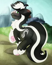 Size: 2000x2500 | Tagged: safe, artist:euspuche, derpibooru import, oc, oc:zenawa skunkpony, earth pony, hybrid, pony, skunk, skunk pony, blushing, claws, covering, dirt road, earth pony oc, floppy ears, frog (hoof), hybrid oc, image, looking at you, looking back, looking back at you, male, outdoors, paw pads, paws, png, raised hoof, rear view, seductive, seductive look, smiling, smiling at you, solo, solo male, stallion, strategically covered, tail, tail censor, tail covering, underhoof, walking