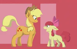 Size: 2000x1274 | Tagged: safe, artist:draoicat, derpibooru import, apple bloom, applejack, earth pony, pony, abstract background, apple sisters, female, filly, foal, image, jpeg, looking at each other, looking at someone, mare, open mouth, siblings, sisters, smiling, smiling at each other