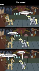 Size: 1920x3516 | Tagged: safe, artist:platinumdrop, derpibooru import, derpy hooves, doctor whooves, time turner, earth pony, pegasus, pony, comic:dismissed, 3 panel comic, alternate timeline, bowtie, comic, commission, dialogue, doctor whooves' lab, duo, duo male and female, female, g4, happy, image, indoors, lab, laboratory, looking at each other, looking at someone, machine, machinery, male, mare, open mouth, open smile, png, sitting, smiling, speech bubble, spread wings, stallion, talking, this will not end well, wings