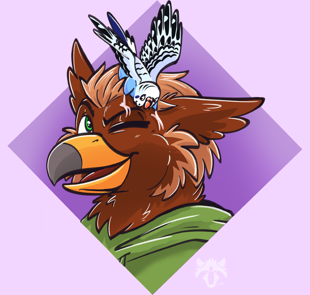 Size: 2678x2550 | Tagged: safe, artist:lou raccoon, derpibooru import, oc, oc:chi-chi, oc:pavlos, bird, gryphon, beak, budgie, cheek fluff, claws, clothes, commission, eared griffon, friends, griffon oc, image, male, non-pony oc, one eye closed, png, smiling, wink