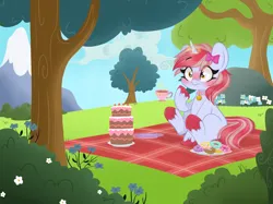 Size: 2732x2048 | Tagged: safe, artist:emberslament, derpibooru import, oc, oc:cinnamon lightning, unofficial characters only, pony, unicorn, bell, bell collar, cake, collar, cup, donut, food, horn, image, mountain, picnic blanket, png, solo, teacup, tree, unicorn oc