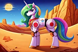Size: 1024x683 | Tagged: safe, ai content, derpibooru import, machine learning generated, prompter:chillyhooves, stable diffusion, princess celestia, alicorn, exploring, image, jpeg, space, spacesuit, wingless, wingless alicorn
