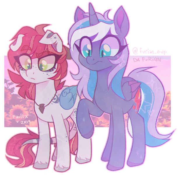 Size: 1600x1546 | Tagged: safe, artist:faultx, artist:wallvie, derpibooru import, oc, oc:faultx, oc:moonlight melody (wallvie), unofficial characters only, alicorn, pegasus, pony, colored wings, dog ears, female, horns, image, mare, png, wings