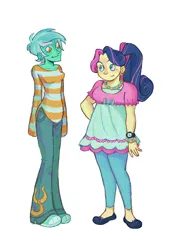 Size: 836x1200 | Tagged: safe, artist:chunkysoup22, derpibooru import, bon bon, lyra heartstrings, sweetie drops, human, duo, g4, humanized, image, looking at each other, looking at someone, no pupils, png, pony coloring, simple background, smiling, white background