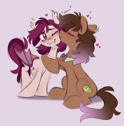 Size: 1470x1494 | Tagged: safe, artist:crimmharmony, derpibooru import, oc, oc:be sharp, oc:crimm harmony, unofficial characters only, bat pony, earth pony, blushing, duo, eyes closed, floppy ears, image, kiss on the cheek, kissing, png, shipping, simple background, sitting, standing