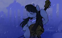 Size: 1839x1142 | Tagged: safe, artist:crimmharmony, derpibooru import, octavia melody, pony, blue background, bow, cello, cloudsdale, crying, eyes closed, female, half body, image, mare, musical instrument, png, rain, simple background, solo
