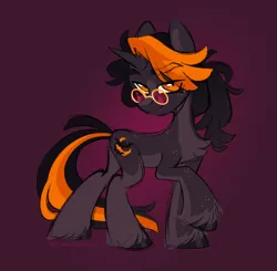 Size: 1448x1420 | Tagged: safe, artist:crimmharmony, derpibooru import, oc, oc:hijinx, unofficial characters only, bat pony, bat pony unicorn, hybrid, pony, unicorn, blaze (coat marking), chest fluff, coat markings, confident, countershading, cutie mark, eyebrows, eyelashes, facial markings, freckles, glasses, halloween, holiday, horn, image, lidded eyes, looking at you, nonbinary, png, raised hoof, simple background, slender, slit pupils, smiling, smiling at you, solo, standing, thick eyebrows, thin, unshorn fetlocks
