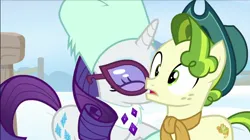 Size: 800x447 | Tagged: safe, derpibooru import, screencap, pistachio, rarity, earth pony, pony, unicorn, best gift ever, animated, clothes, colored pupils, cutie mark, duo, duo male and female, eyelashes, eyes closed, female, frame by frame, green hair, green mane, hat, horn, image, male, png, purple hair, purple mane, shipping fuel, snow, wide eyes, winter outfit