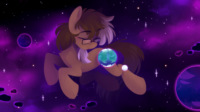 Size: 4790x2700 | Tagged: safe, artist:crimmharmony, derpibooru import, oc, oc:be sharp, unofficial characters only, earth pony, pony, earth, earth pony oc, eyes closed, glasses, image, macro, male, moon, planet, png, solo, solo male, space, stallion, stars