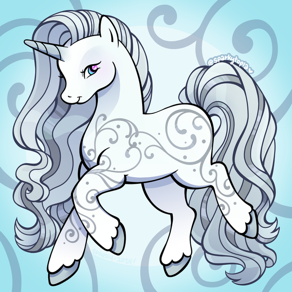 Size: 1779x1779 | Tagged: safe, artist:sparkytopia, derpibooru import, princess silver swirl, pony, unicorn, g2, blue eyes, grey hair, horn, image, looking at you, png, signature, smiling, unshorn fetlocks, white coat