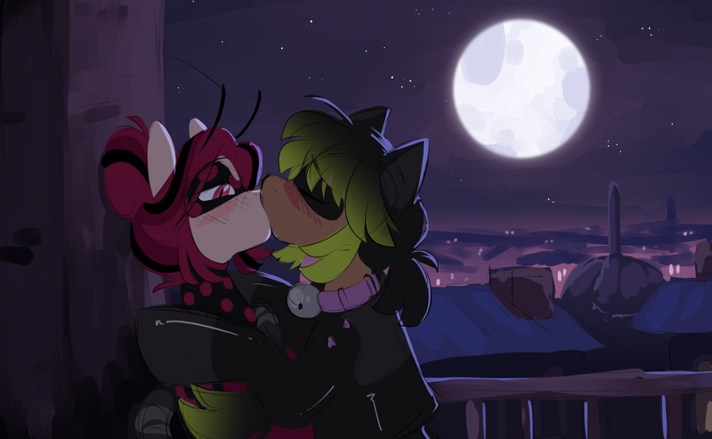 Size: 2442x1505 | Tagged: safe, artist:crimmharmony, derpibooru import, oc, oc:be sharp, oc:crimm harmony, unofficial characters only, earth pony, alternate universe, blushing, city, cityscape, clothes, costume, eyes closed, image, kiss on the lips, kissing, lidded eyes, miraculous ladybug, moon, night, pinned, png, sketch, stars, waist up