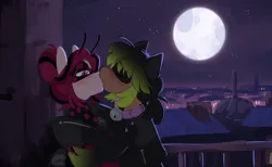 Size: 2442x1505 | Tagged: safe, artist:crimmharmony, derpibooru import, oc, oc:be sharp, oc:crimm harmony, unofficial characters only, earth pony, alternate universe, blushing, city, cityscape, clothes, costume, eyes closed, image, kiss on the lips, kissing, lidded eyes, miraculous ladybug, moon, night, pinned, png, sketch, stars, waist up