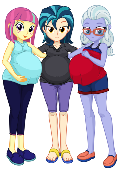 Size: 1024x1490 | Tagged: safe, artist:xniclord789x, ponerpics import, indigo zap, sour sweet, sugarcoat, equestria girls, alternate clothes, female, females only, image, png, pregnant, simple background, transparent background, trio, trio female