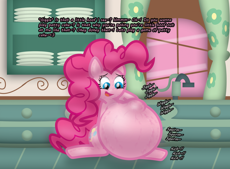Size: 2242x1643 | Tagged: safe, artist:fancy_blue, derpibooru import, part of a set, pinkie pie, earth pony, pony, belly, belly bumps, big belly, dialogue, emanata, hoof imprints, huge belly, hyper, hyper belly, hyper pregnancy, image, impossibly large belly, kicking, kitchen, open mouth, open smile, png, preggy pie, pregnant, smiling, spreading, stretchmarks, sugarcube corner