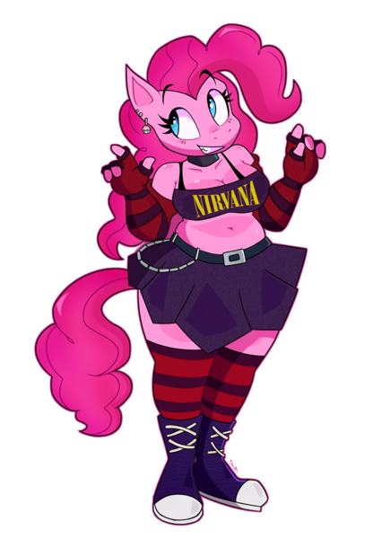 Size: 2536x3498 | Tagged: safe, artist:tysobro, pinkie pie, anthro, earth pony, plantigrade anthro, belly, belly button, belt, belt buckle, blue eyes, boots, chains, choker, chubby, clothes, collar, converse, curly hair, curly tail, ear piercing, eyebrows, eyelashes, female, fingerless gloves, gloves, goth, grin, halter top, image, long gloves, midriff, miniskirt, piercing, plump, png, punk, rock band, shoes, simple background, skirt, skull, smiling, snout, socks, solo, striped gloves, striped socks, tail, text, thigh highs, thigh socks, thighs, thunder thighs, white background, wide hips