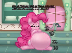 Size: 2242x1643 | Tagged: safe, alternate version, artist:fancy_blue, derpibooru import, part of a set, pinkie pie, earth pony, pony, belly, big belly, cute, dialogue, diapinkes, emanata, eyes closed, hooves together, huge belly, hyper, hyper belly, hyper pregnancy, image, impossibly large belly, kitchen, pattycakes, png, preggy pie, pregnant, smiling, spreading, sugarcube corner