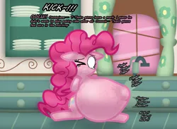 Size: 2242x1643 | Tagged: safe, alternate version, artist:fancy_blue, derpibooru import, part of a set, pinkie pie, earth pony, pony, belly, belly bumps, big belly, blank eyes, closed eye, crying, dialogue, emanata, gritted teeth, hoof imprints, huge belly, hyper, hyper belly, hyper pregnancy, image, impossibly large belly, kicking, kitchen, one eye closed, pain, png, preggy pie, pregnant, spreading, sugarcube corner, tears of pain, teary eyes, teeth