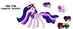 Size: 1466x590 | Tagged: safe, alternate version, artist:westrail642fan, derpibooru import, princess twilight 2.0, twilight sparkle, twilight sparkle (alicorn), alicorn, pony, rise and fall, the last problem, alicorn amulet, alternate universe, base used, bell, chest plate, corrupted twilight sparkle, crown, evil grin, flowing mane, g4, glow, glowing eyes, glowing hair, grin, grogar's bell, image, jewelry, older, older twilight, older twilight sparkle (alicorn), png, reference sheet, regalia, simple background, smiling, solo, text, white background