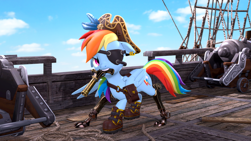 Size: 3840x2160 | Tagged: safe, artist:owlpirate, derpibooru import, rainbow dash, pegasus, pony, 3d, 4k, amputee, boots, clothes, eyepatch, female, g4, gritted teeth, gun, handgun, hat, high res, image, looking at you, mare, mouth hold, narrowed eyes, pirate hat, pirate ship, pistol, png, prosthetic leg, prosthetic limb, prosthetics, satchel, ship, shoes, source filmmaker, teeth, weapon