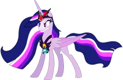 Size: 861x566 | Tagged: safe, artist:westrail642fan, derpibooru import, princess twilight 2.0, twilight sparkle, twilight sparkle (alicorn), alicorn, pony, rise and fall, the last problem, alicorn amulet, alternate universe, base used, bell, chest plate, corrupted twilight sparkle, crown, evil grin, flowing mane, g4, glow, glowing eyes, glowing hair, grin, grogar's bell, image, jewelry, older, older twilight, older twilight sparkle (alicorn), png, regalia, simple background, smiling, solo, transparent background