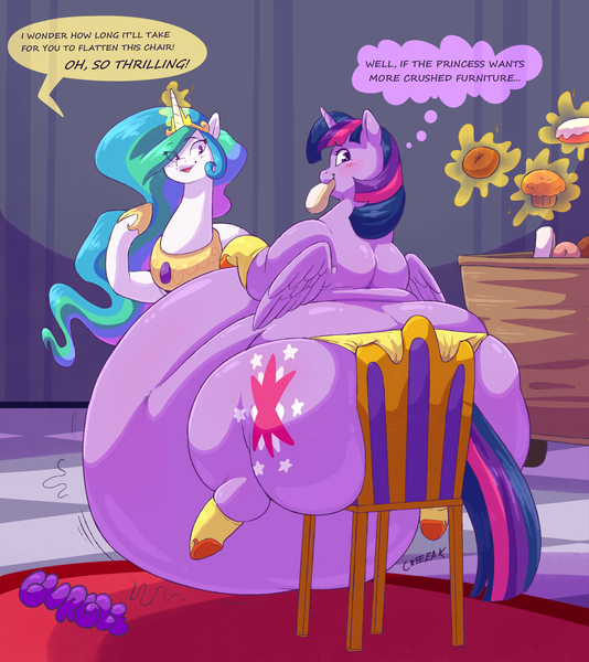Size: 2487x2796 | Tagged: questionable, artist:graphenescloset, artist:sirmasterdufel, derpibooru import, princess celestia, twilight sparkle, twilight sparkle (alicorn), alicorn, pony, series:twilight h&h blorp program, belly, big belly, blushing, butt, chair, clothes, collaboration, dialogue, fat, female, food, glow, glowing horn, horn, huge belly, huge butt, image, impossibly large belly, impossibly large butt, incentive drive, large butt, magic, mare, morbidly obese, obese, panties, png, socks, twibutt, twilard sparkle, underwear, weight gain, weight gain sequence