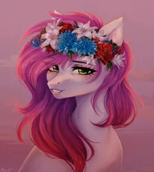 Size: 1800x2000 | Tagged: safe, artist:alicesmitt31, derpibooru import, oc, oc:ellie berryheart, unofficial characters only, pegasus, pony, abstract background, bust, flower, g4, green eyes, image, png, portrait, rose, smiling